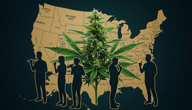 A blooming cannabis plant with silhouettes of baby boomers, millennials, and Gen Z holding cannabis products, over a U.S. map.