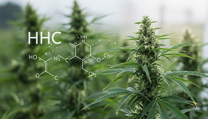 A hemp plant with glistening buds in the foreground, a hydrogen molecule overlay, and a split background of a field and lab.