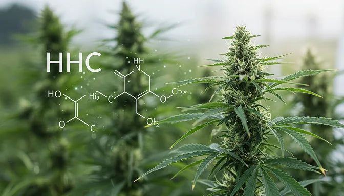A hemp plant with glistening buds in the foreground, a hydrogen molecule overlay, and a split background of a field and lab | Hurcann