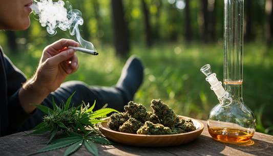A person exhaling smoke in a forest with Indica, Sativa, and Hybrid buds on a tray, with hemp leaves and a bong, showing cannabis diversity.