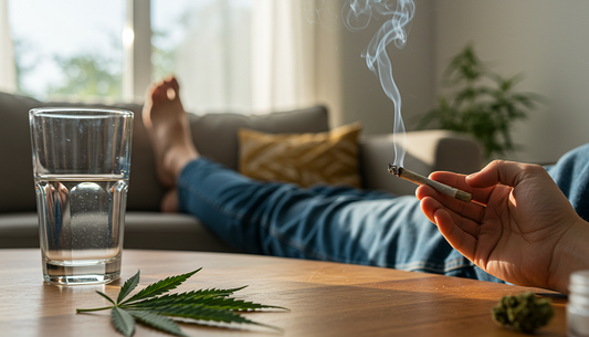 A person relaxing on a couch with hemp leaves, water, and a joint in a sunlit, nature-inspired room, balancing marijuana’s effects and side effects.