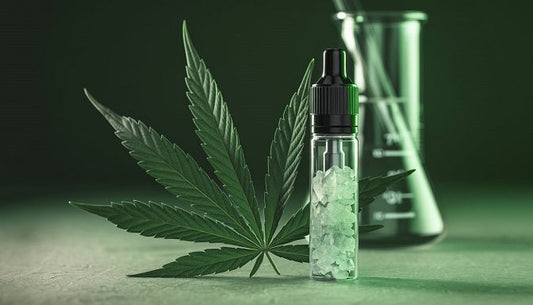 A CBD vape cartridge with crystals, a hemp leaf, and a lab beaker in soft green light, capturing the essence of high-quality CBD crystallization.