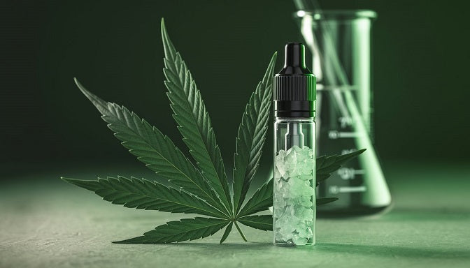 A CBD vape cartridge with crystals, a hemp leaf, and a lab beaker in soft green light, capturing the essence of high-quality CBD crystallization | Hurcann