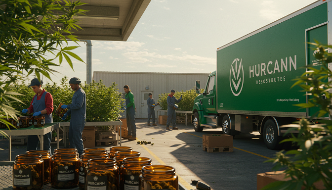 Hurcann’s cannabis world with farmers, quality buds, and a delivery truck under a bold banner, capturing the supplier’s excellence.