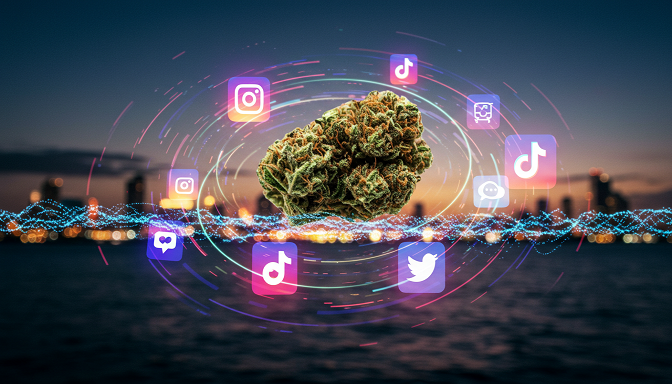 Cannabis bud with glowing Instagram, Twitter, and TikTok icons, digital waves, and a city skyline at dusk.