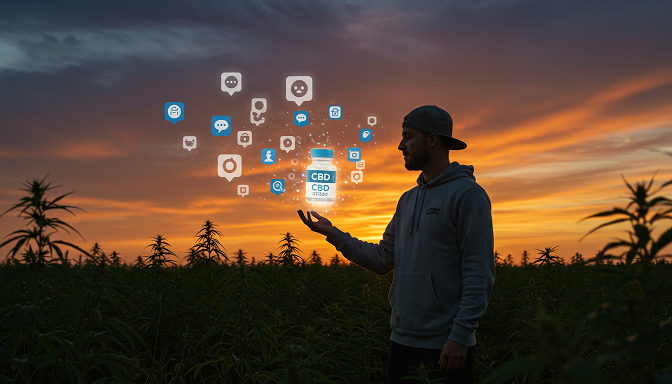 Cannabis influencer in a hemp field holding a glowing CBD product, surrounded by social media icons against a vibrant sunset sky.