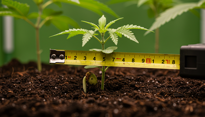 A cannabis seedling emerges from soil with a measuring tape showing 1/4 inch depth, surrounded by hemp leaves and grow lights against a vibrant green backdrop.