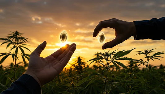 Grower holding glowing Indica and Sativa seeds with lush cannabis plants behind them, against a radiant sunset sky | Hurcann