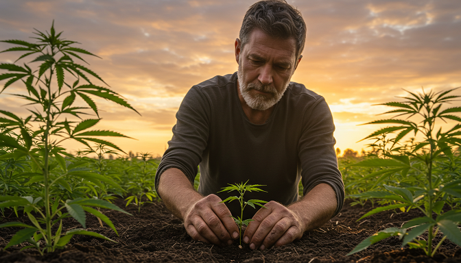 Grower planting a marijuana seed in soil, with a glowing cannabis flower rising against a vibrant sunrise sky.