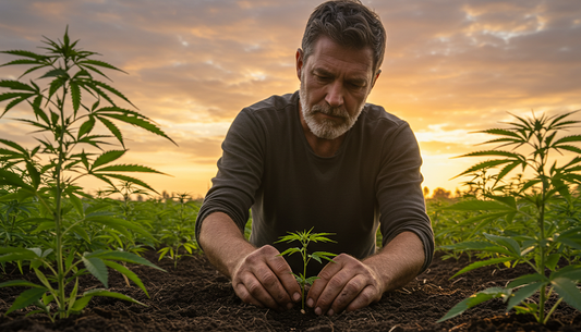 Grower planting a marijuana seed in soil, with a glowing cannabis flower rising against a vibrant sunrise sky.