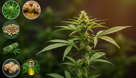 A male cannabis plant glowing with seeds, fibers, oils, and garden tools around it, merging nature and utility in a warm, vibrant scene.