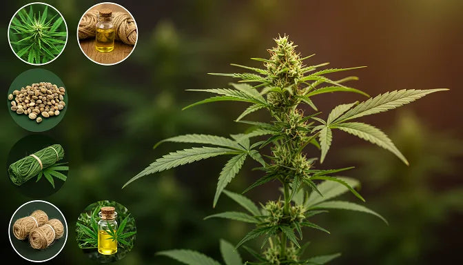 A male cannabis plant glowing with seeds, fibers, oils, and garden tools around it, merging nature and utility in a warm, vibrant scene | Hurcann