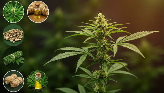 A male cannabis plant glowing with seeds, fibers, oils, and garden tools around it, merging nature and utility in a warm, vibrant scene | Hurcann
