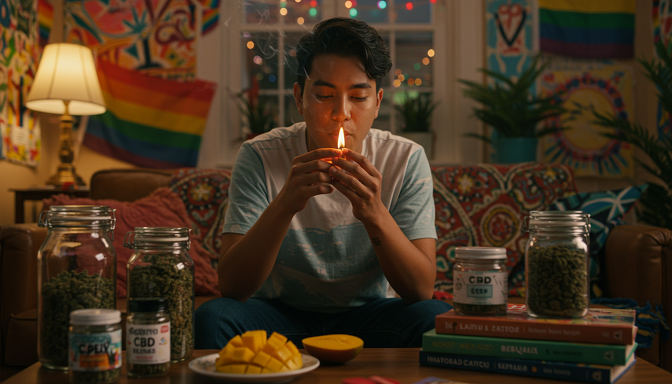 A person lighting a joint in a vibrant room with pride flags, mangos, strains, and a playlist.