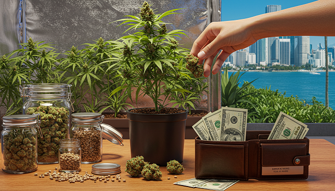 A person growing cannabis at home with buds, seeds, cash, and a Miami skyline in the background.