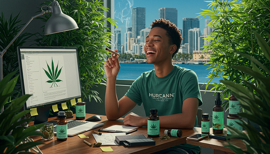 A person working at a desk with a joint, cannabis plants, Hurcann products, and a Miami skyline.