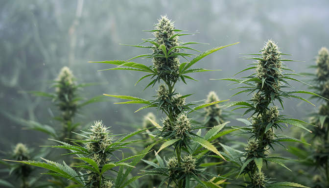 A female cannabis plant with resinous buds and pistils in focus, a faint male plant with pollen sacs fading into a misty natural background.