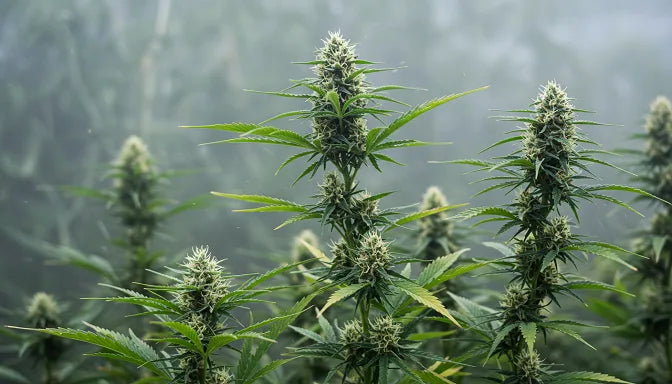 A female cannabis plant with resinous buds and pistils in focus, a faint male plant with pollen sacs fading into a misty natural background | Hurcann