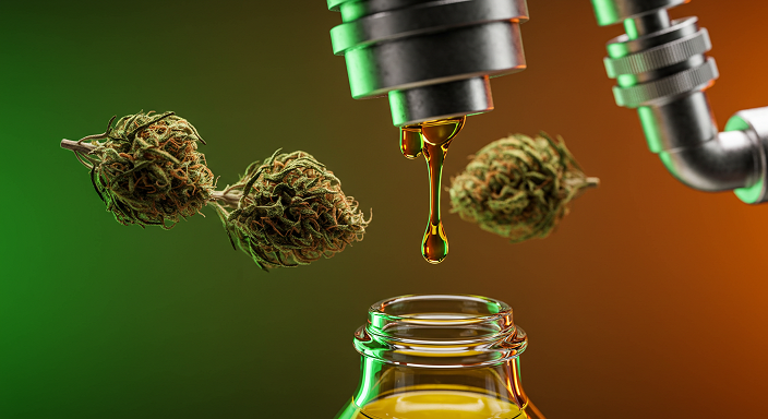A dynamic scene of hemp-derived Delta-9 buds being extracted with CO2 equipment, golden THC oil dripping into a vial, set against a gradient green and amber background.