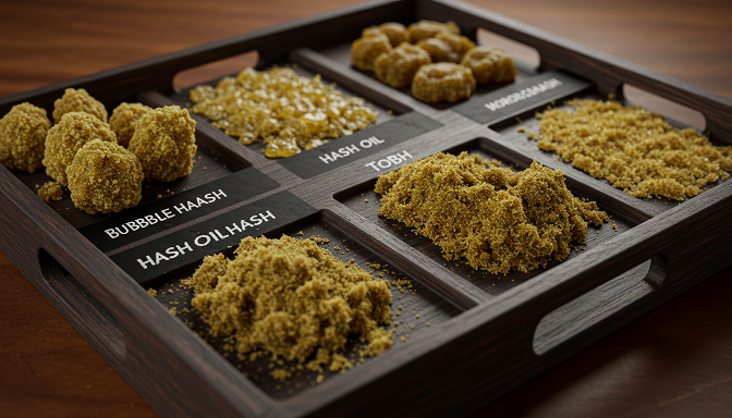 Various types of hash, including bubble hash, kief, hash oil, and Moroccan hash, displayed on a wooden tray with labels.
