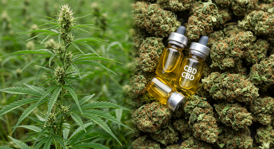 A split image of a hemp field and marijuana buds, overlaid with CBD oil vials and hemp fibers, representing the versatility of Cannabis Sativa.
