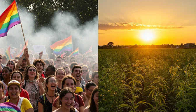 Split-screen of a pride parade with rainbow flags and a cannabis field at sunset, linked by a smoky bridge, capturing the LGBTQA-cannabis bond | Hurcann