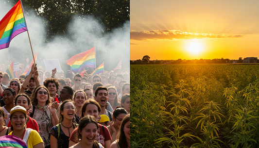 Split-screen of a pride parade with rainbow flags and a cannabis field at sunset, linked by a smoky bridge, capturing the LGBTQA-cannabis bond.