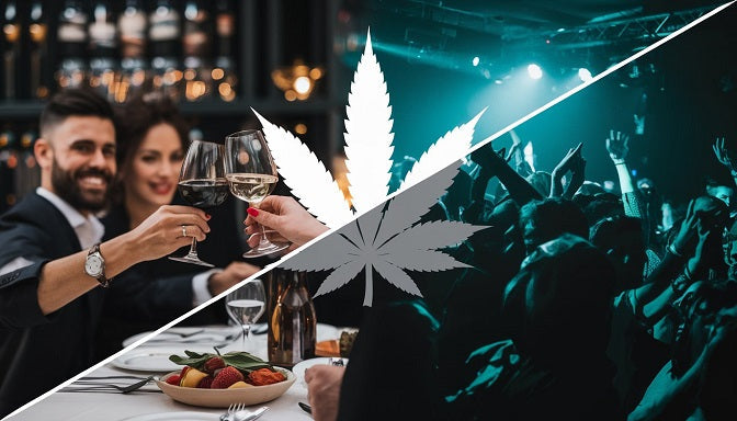 A split-screen view of a couple toasting at dinner and a lively club dance floor, united by a subtle cannabis leaf overlay.