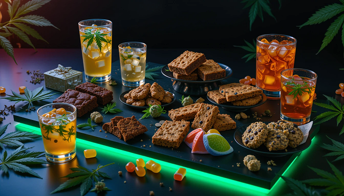 Hemp-derived Delta-9 edibles like brownies, cookies, gummies, and drinks glow with neon green and amber accents on a sleek black table, surrounded by swirling hemp leaves.