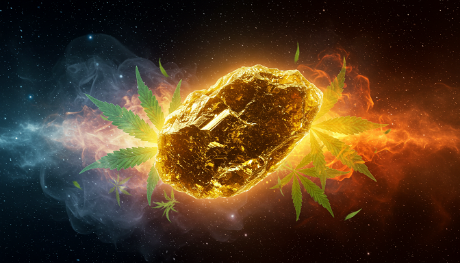 A glowing THCA hash crystal floats in a cosmic galaxy, with raw cannabis leaves and fiery THC smoke trails, blending raw and psychoactive essence.