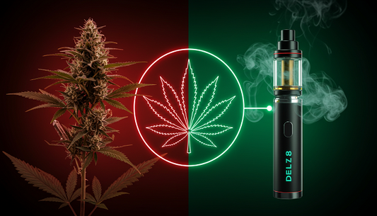 A split-screen image with THCA crystals under a microscope and a delta 8 hash vape pen emitting vapor, connected by a neon-lit cannabis leaf on a high-tech black and green background.
