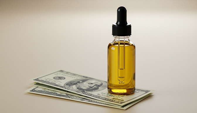 A CBD oil bottle with a dropper resting on US dollar bills, symbolizing the investment potential of the CBD industry.