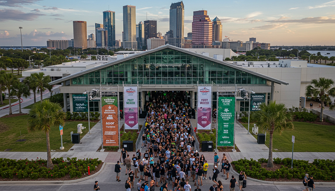 The entrance to a major cannabis event in Florida, featuring banners, a large crowd, and the city skyline as a backdrop.