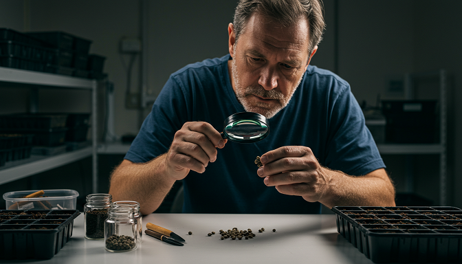 Cannabis grower examining marijuana seeds with tools and seedling trays on the table in a grow room setting.