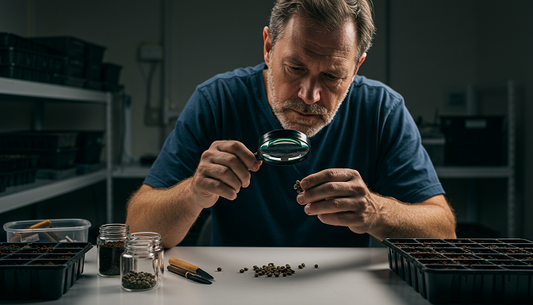 Cannabis grower examining marijuana seeds with tools and seedling trays on the table in a grow room setting.