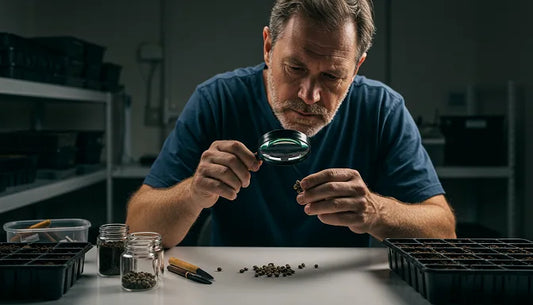 Cannabis grower examining marijuana seeds with tools and seedling trays on the table in a grow room setting | Hurcann