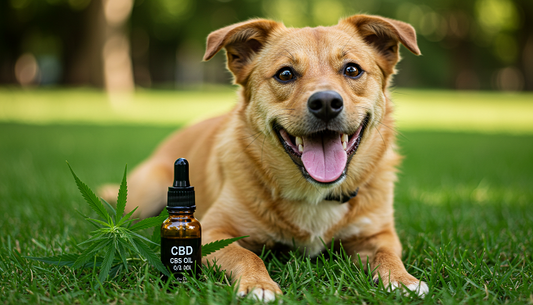 Happy dog sitting on grass with CBD oil and hemp leaves in front, promoting wellness naturally.
