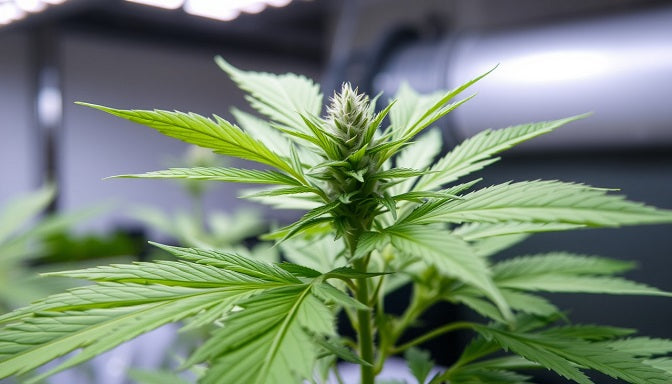 Indoor cannabis plant in flowering stage under grow lights with vibrant green leaves