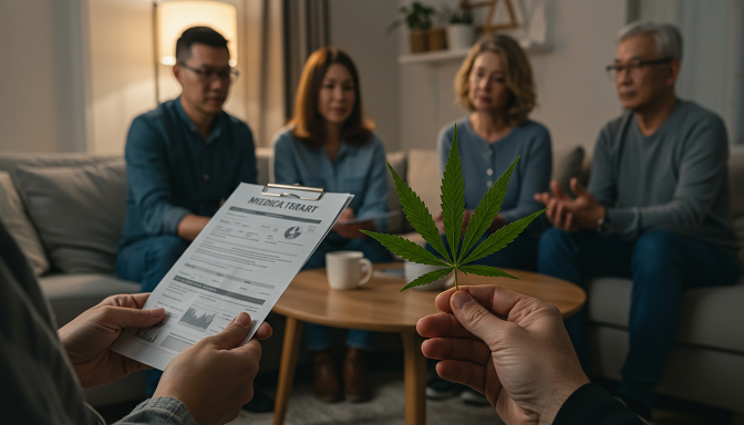 A family discusses cannabis in a modern living room, with a person holding a leaf and medical report, fostering understanding.