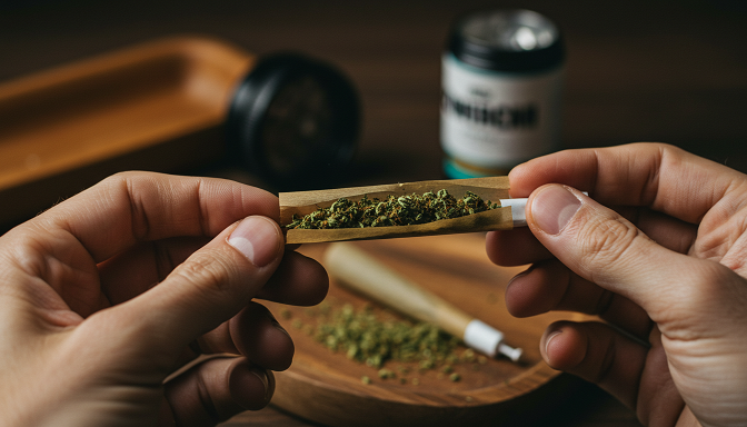 A high-quality close-up of a hand rolling a cannabis joint with a pre-roll filter tip at the end. The background is blurred, with a wooden rolling tray and a grinder partially visible. Soft lighting highlights the texture of the paper and the herbs.