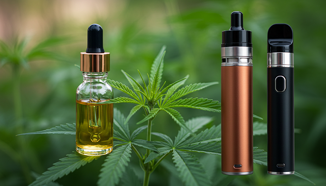 A split-screen image featuring CBD oil in a dropper bottle on one side and Delta-8 vape carts on the other, set against a background of fresh green cannabis leaves.