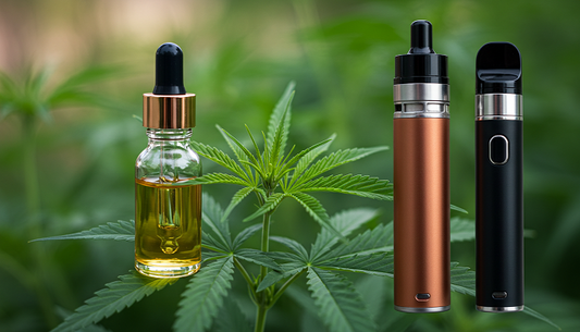 A split-screen image featuring CBD oil in a dropper bottle on one side and Delta-8 vape carts on the other, set against a background of fresh green cannabis leaves.