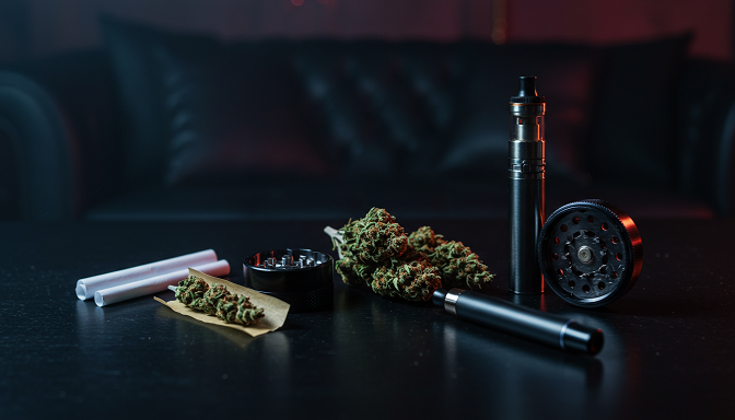 Granddaddy Purple Delta-8 flower with rolling and vaping essentials, highlighting its rich color and texture.