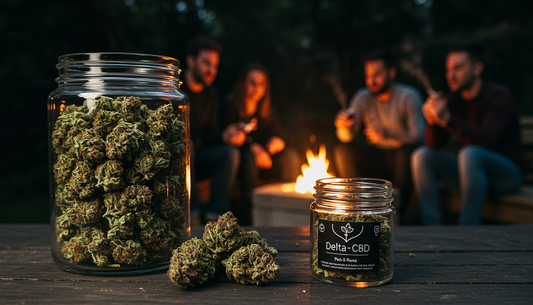 A glass jar filled with high-quality Delta-8 flowers, displaying their rich green and purple colors and friend talking in out focus background.