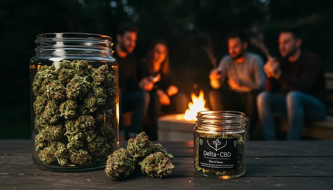 A glass jar filled with high-quality Delta-8 flowers, displaying their rich green and purple colors and friend talking in out focus background | Hurcann