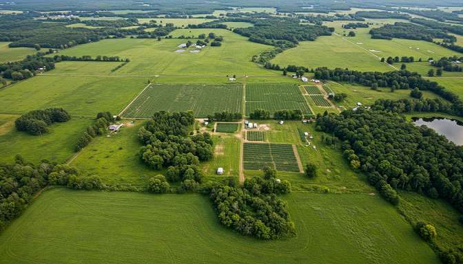 A scenic aerial shot of Minnesota’s countryside with a discreet cannabis farm nestled among the greenery.