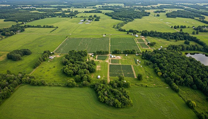 A scenic aerial shot of Minnesota’s countryside with a discreet cannabis farm nestled among the greenery | Hurcann