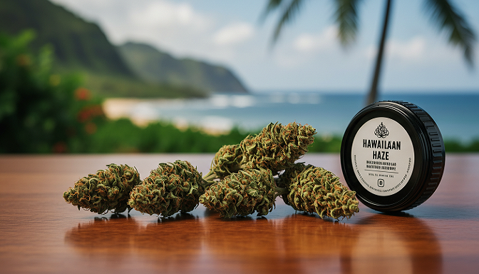 Hawaiian Haze hemp flowers on a wooden surface, with a tropical blurred background reflecting the strain’s island-inspired origins.
