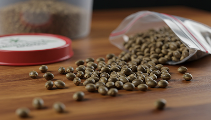 High-quality cannabis seeds on a wooden surface, with a Tupperware container and ziplock bag nearby, illustrating proper storage methods.