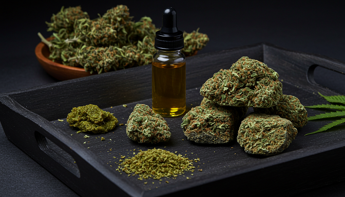 emp Living Moon Rocks displayed alongside cannabis buds, kief, and hash oil, highlighting their premium quality and potency.